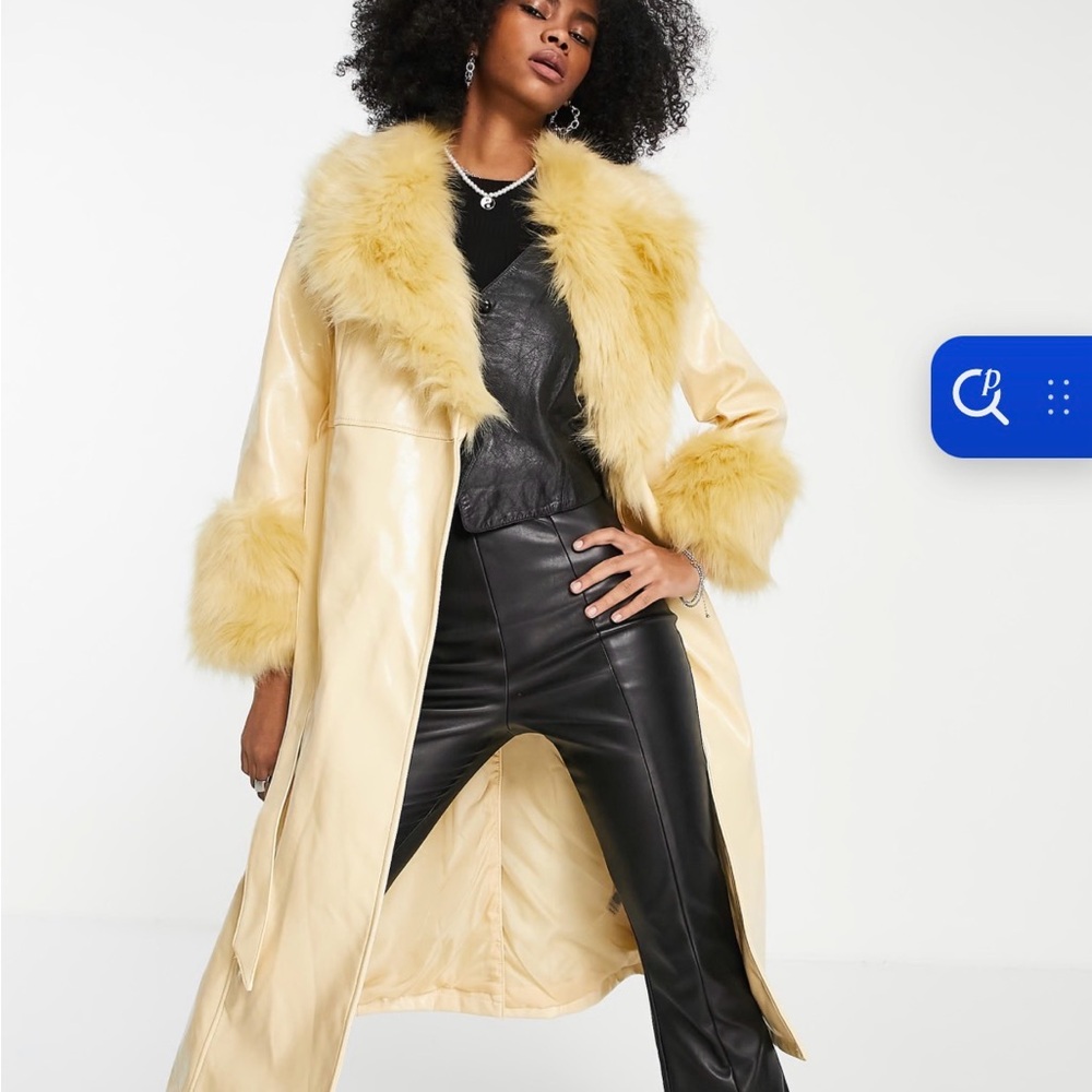 Topshop PU & faux fur trim long belted coat in buttermilk